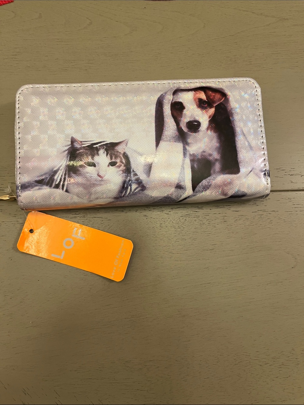 LOF Cat and Dog Print Zip Wallet in White and Brown